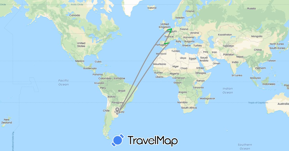 TravelMap itinerary: driving, bus, plane in Argentina, Spain, France, United Kingdom, Netherlands (Europe, South America)