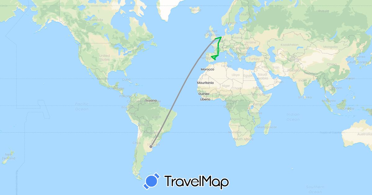 TravelMap itinerary: driving, bus, plane in Argentina, Spain, France, United Kingdom, Netherlands (Europe, South America)